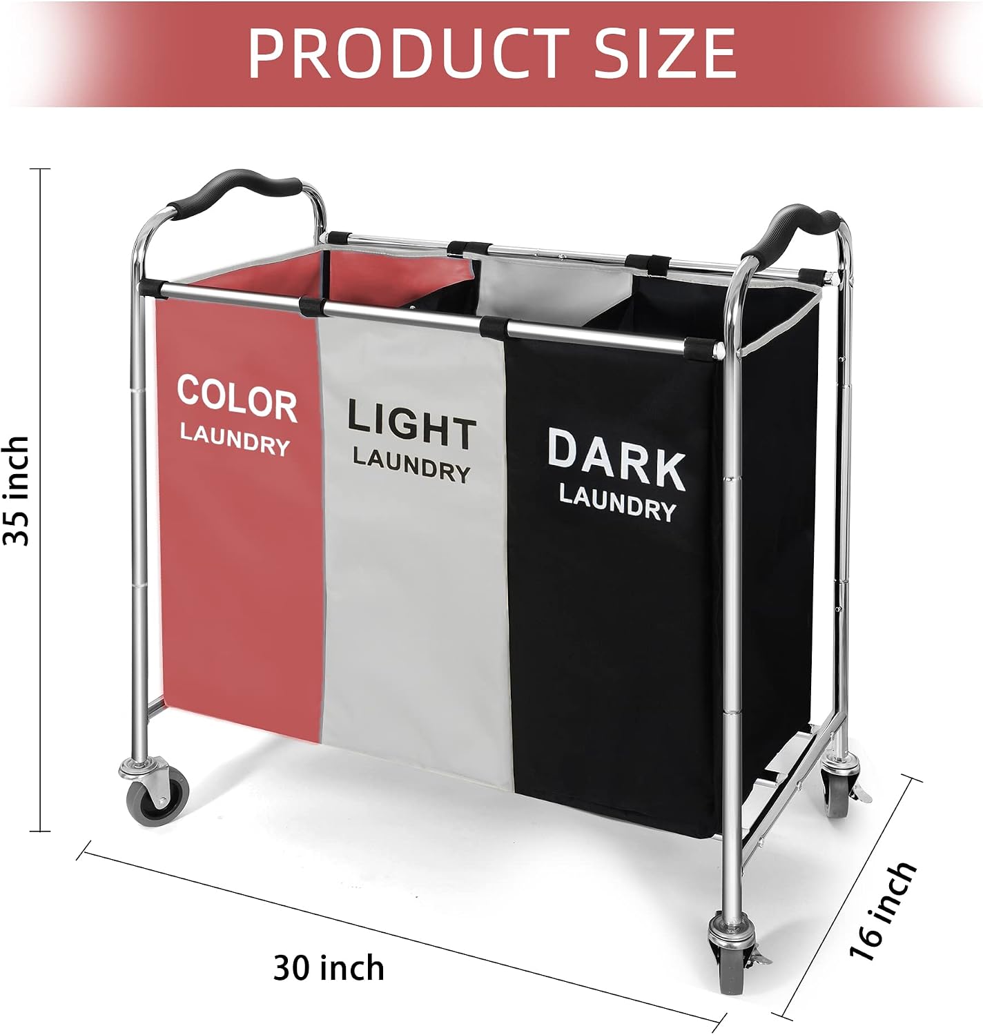 Laundry Hamper, Large Blanket Storage Basket Sorter 3 Section Bag Organizer for Dirty Clothes - 16 X 30 X 35 inch Heavy Duty Laundry Cart Baskets with Wheels in Laundry Room Organization -RED