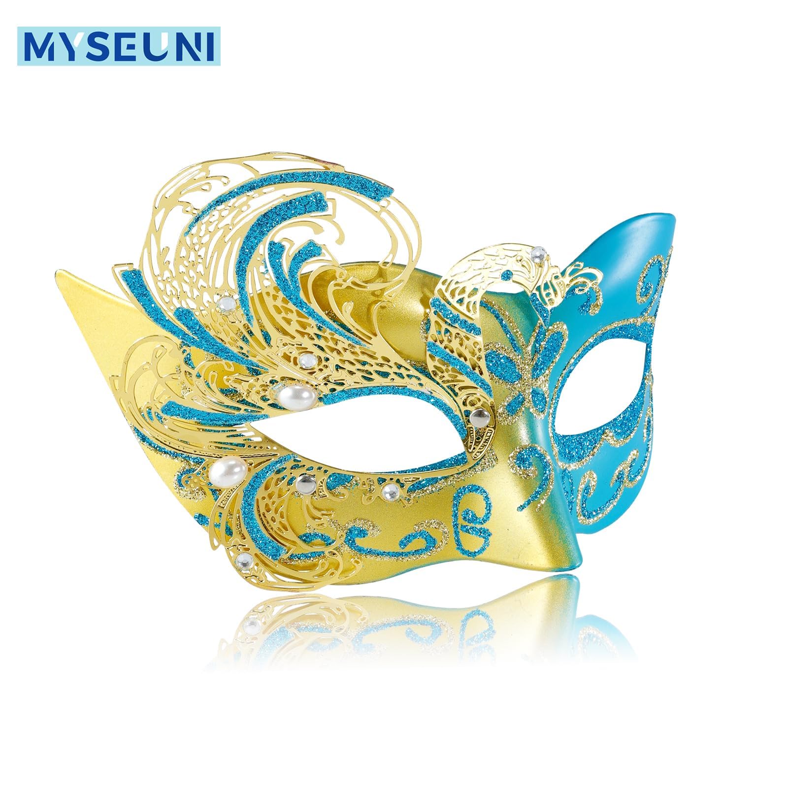 MYSEUNI 2025 New Gold and Blue Masquerade Mask for Women-Butterfly Masquerade Eye Mask - Image 2