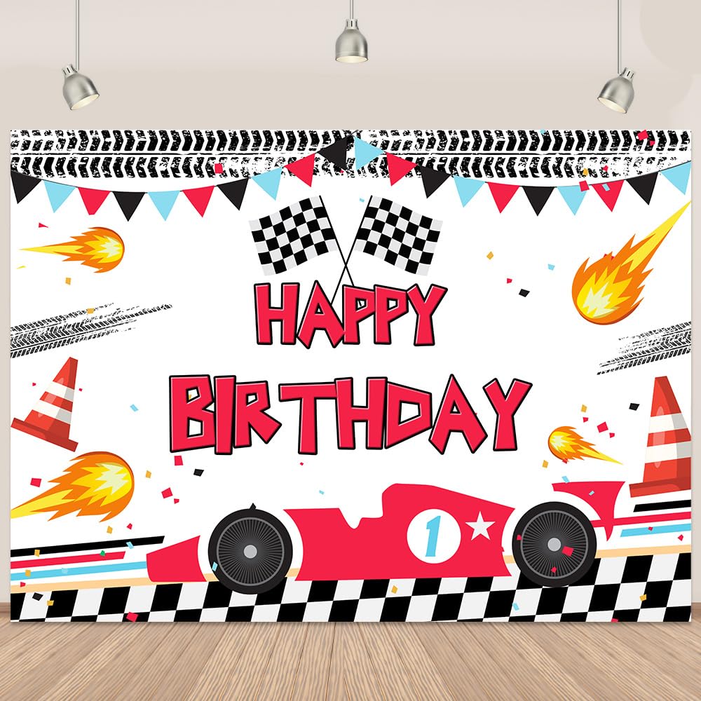 Racing Car Happy Birthday Backdrop Hot Wheels Race Car Backdrop for Birthday Party Black White Plaid Flag Photography Background Hot Wheels Banner Cake Table Decorations 5x3Ft