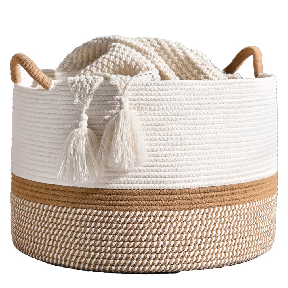 Idhadkc Large Cotton Rope Blanket Basket for Storage, Laundry, Nursery Foldable Storage Basket Dirty Clothes Basket