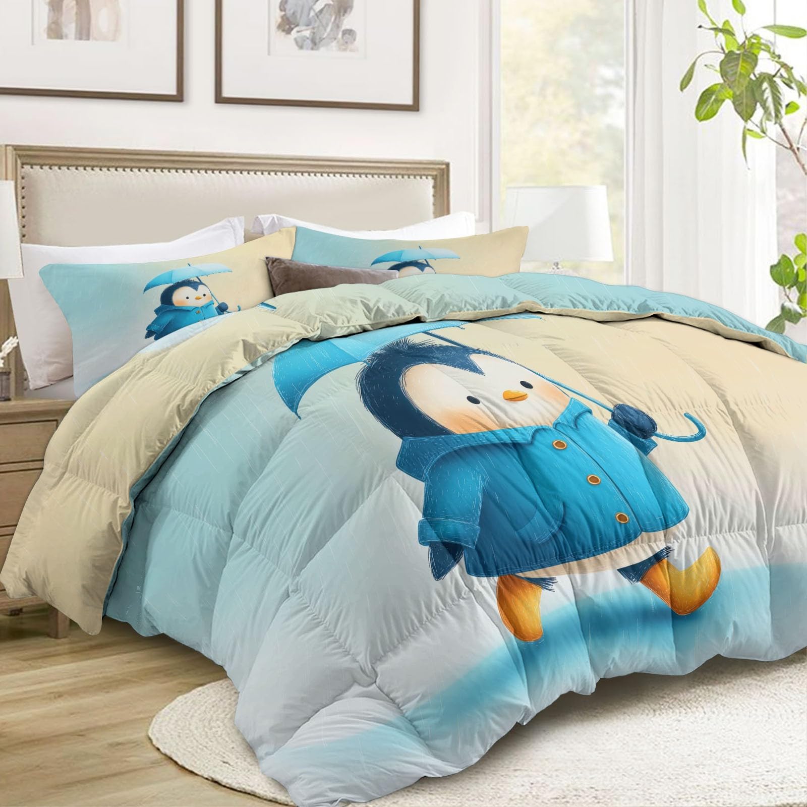 Pinguin Mit Regenmantel Und Regenschirm Bettdecke 155 x 220 cm 4 Jahreszeiten Steppdecke, Lustiger Cartoon Ganzjahresdecke Kleinkinder Bettwaren Set Babyzimmer Kinderzimmer Bettdecke Ohne Bezug