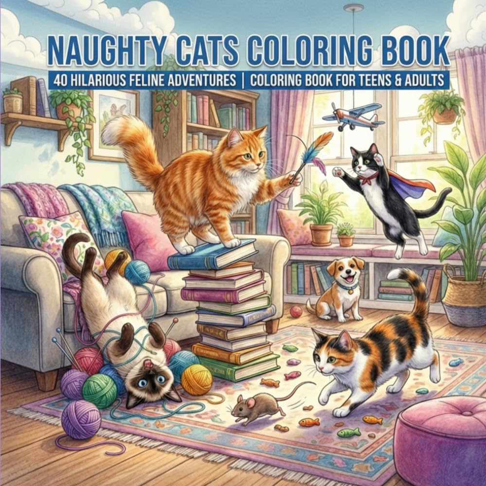 Naughty Cats Coloring Book: 40 Hilarious Scenes of Mischievous Cats Causing Lovable Chaos | Fun and Relaxing Coloring Book for Teens and Adults