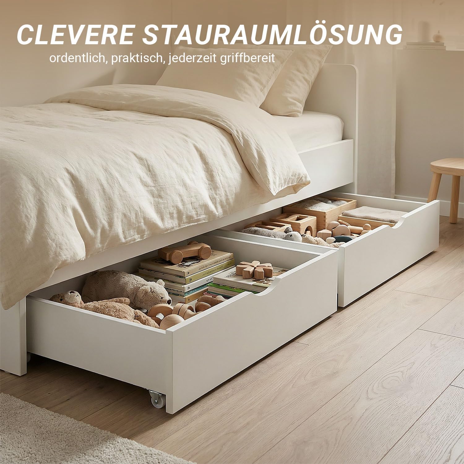Homestyle4u 2er Set Bettkästen mit Rollen Weiß - Kiefer Bettschubladen | Stabiler Unterbettkasten aus Massivholz, 94x19x63,5 cm, für Etagenbetten, Stauraum für Bettwäsche & Spielzeug