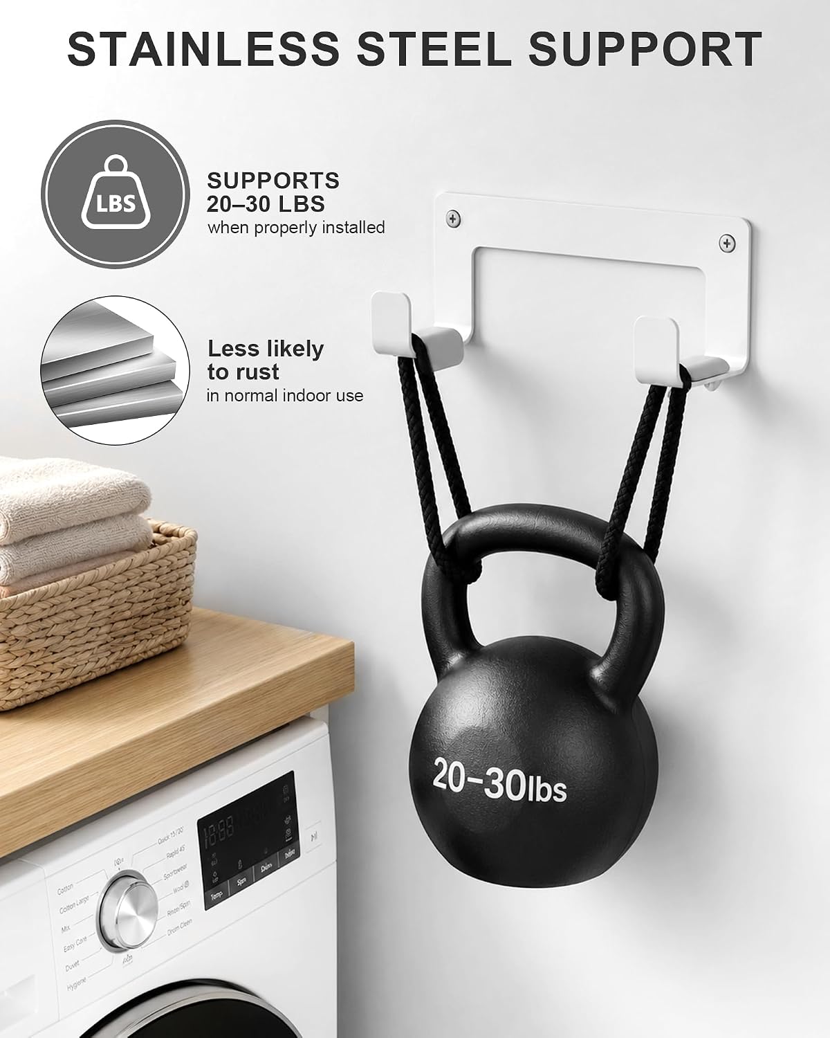 Ironing Board Holder Wall Mount, Stainless Steel, White | Fits Y/T leg ironing boards, stainless steel hooks, heavy duty wall storage, for laundry room, closet, utility room