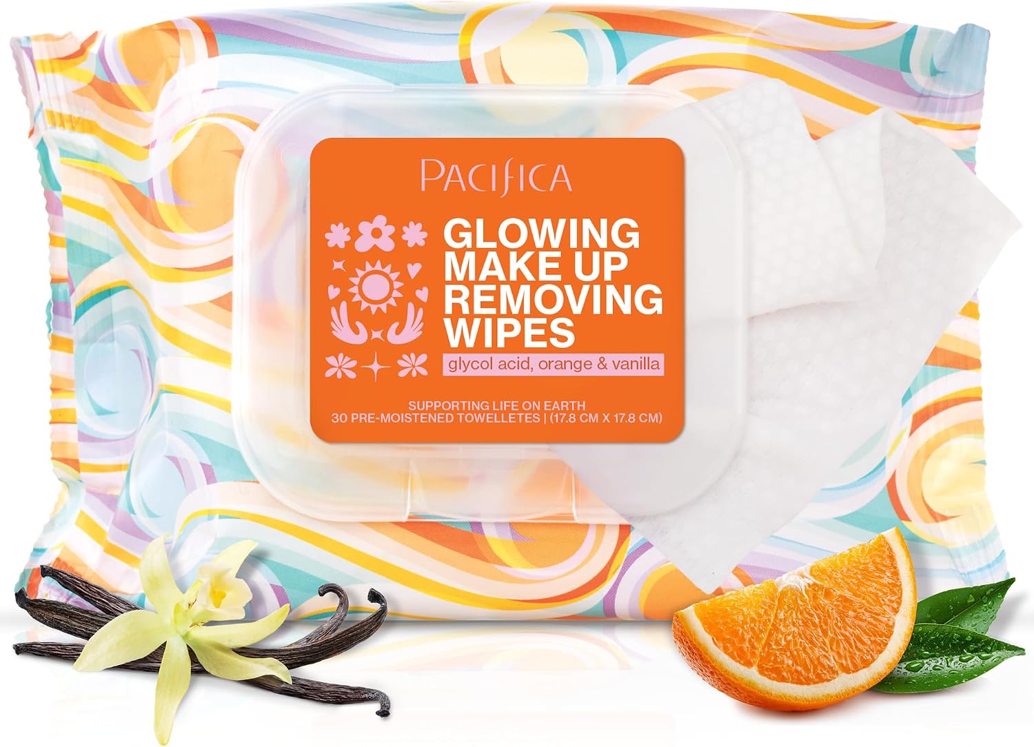 Pacifica Glowing Makeup Remover Wipes with Glycolic Acid for AHA Exfoliating and Facial Cleansing – No Rinse Face Cleaning Towelettes – Dermatologist Tested, Vegan & Cruelty-Free – 30 Count