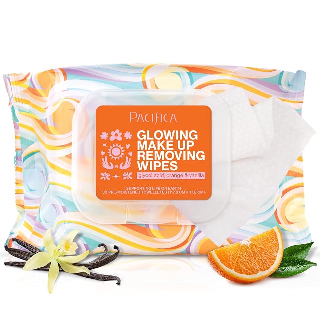Pacifica Glowing Makeup Remover Wipes With Glycolic Acid for AHA Exfoliating and Facial Cleansing No Rinse Face Cleaning