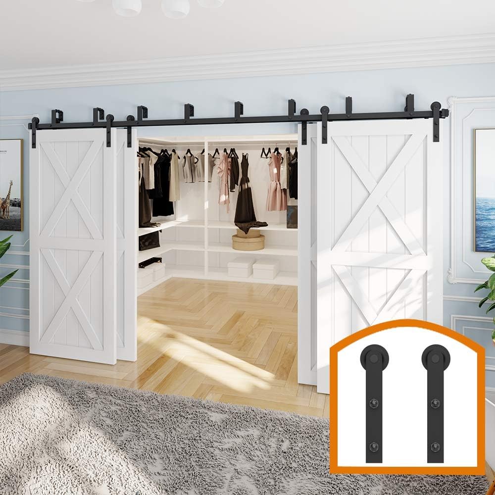 ZEKOO 14 FT Double Track 4 Doors Bypass Barn Door Hardware Four Rollers Style Kit Low Ceiling