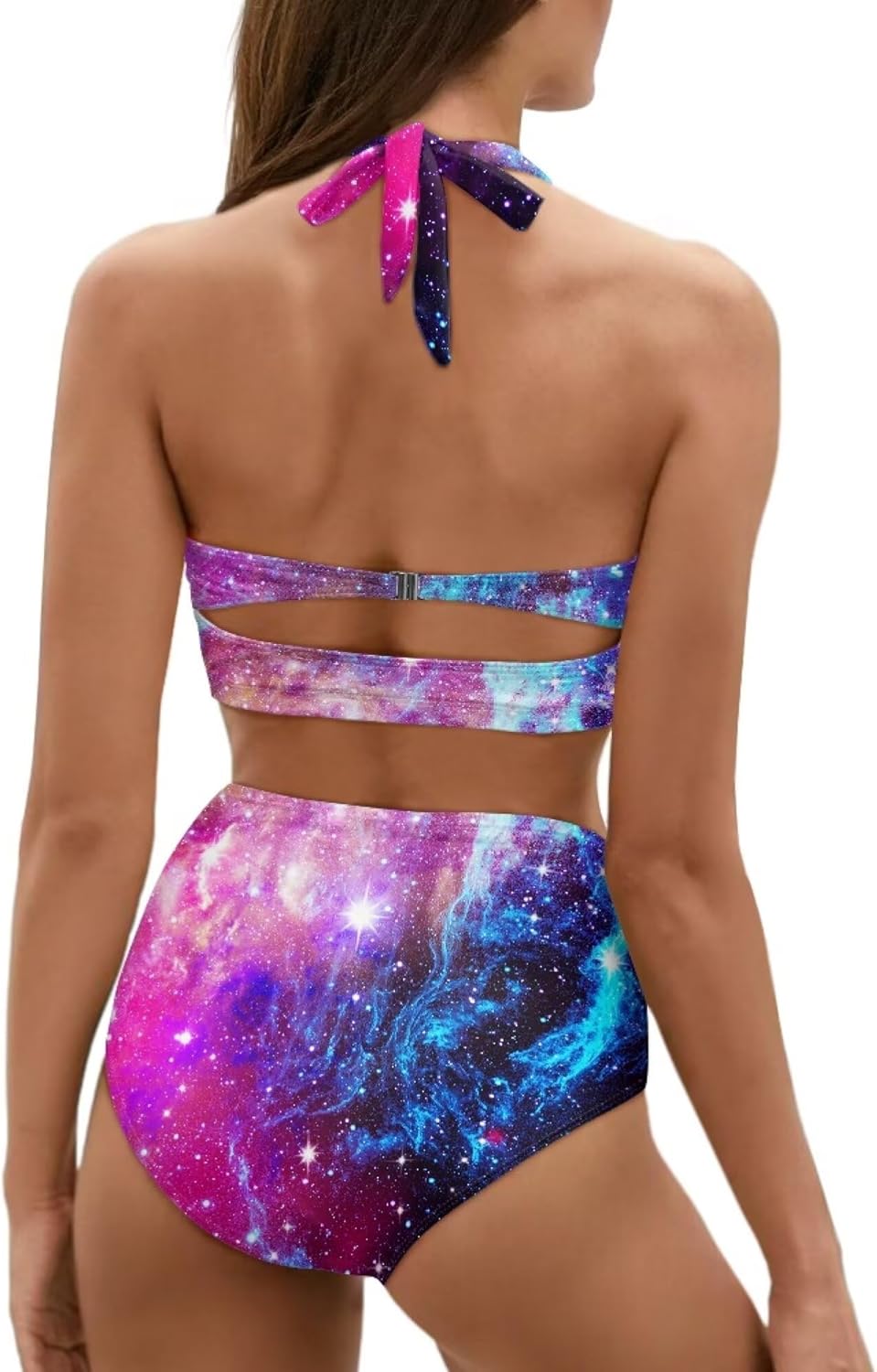 Novelty Print Women's Halter Bikini Set, Trendy 2 Piece Tummy Control High-Waisted Bathing Suits