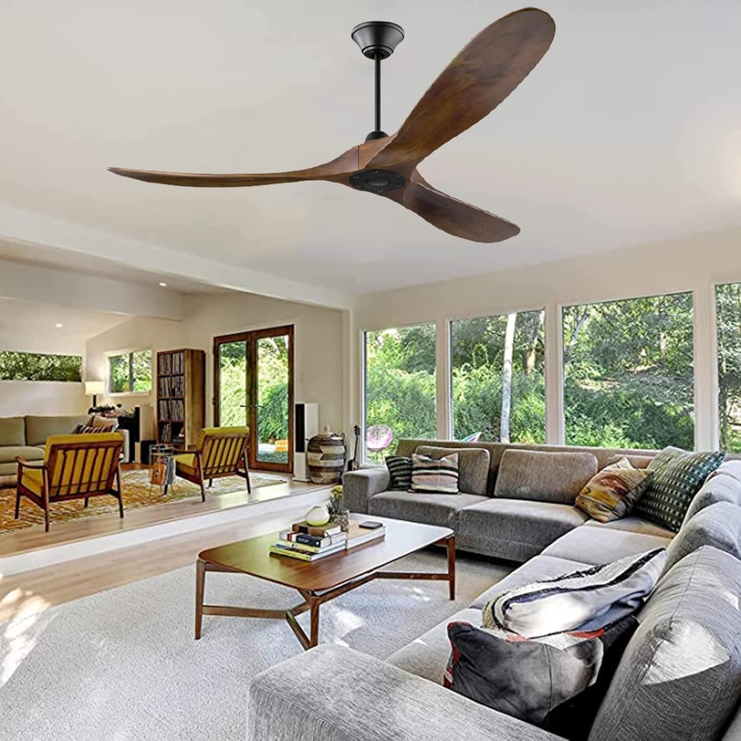 60 Inch Outdoor Ceiling Fans without Lights, 3 Blade Propeller Ceiling Fan No Light with Remote, Modern Farmhouse Solid Wood Ceiling Fan for Patio Exterior High Low Sloped Ceiling