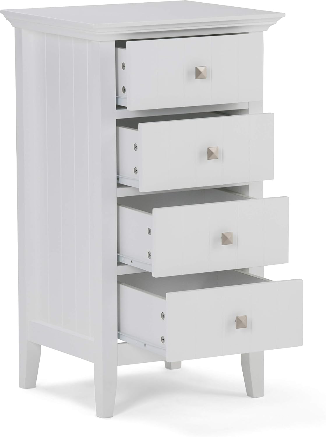 SIMPLIHOME Acadian Bath Cabinet - 18 inch Wide Four Drawer Floor Bathroom Storage Cabinet in Pure White, Contemporary Bathroom Storage for Bath or Powder Room with Metal Drawer Glides and Sleek Design