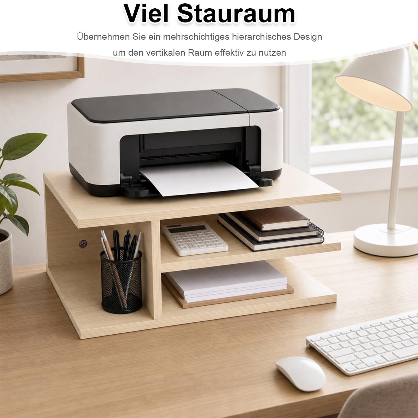 Supporto per stampante da scrivania, organizer a 3 scomparti per stampanti e forniture per ufficio, salvaspazio e stabile, per home office e piccoli spazi, 40 x 30 x 17 cm, effetto legno