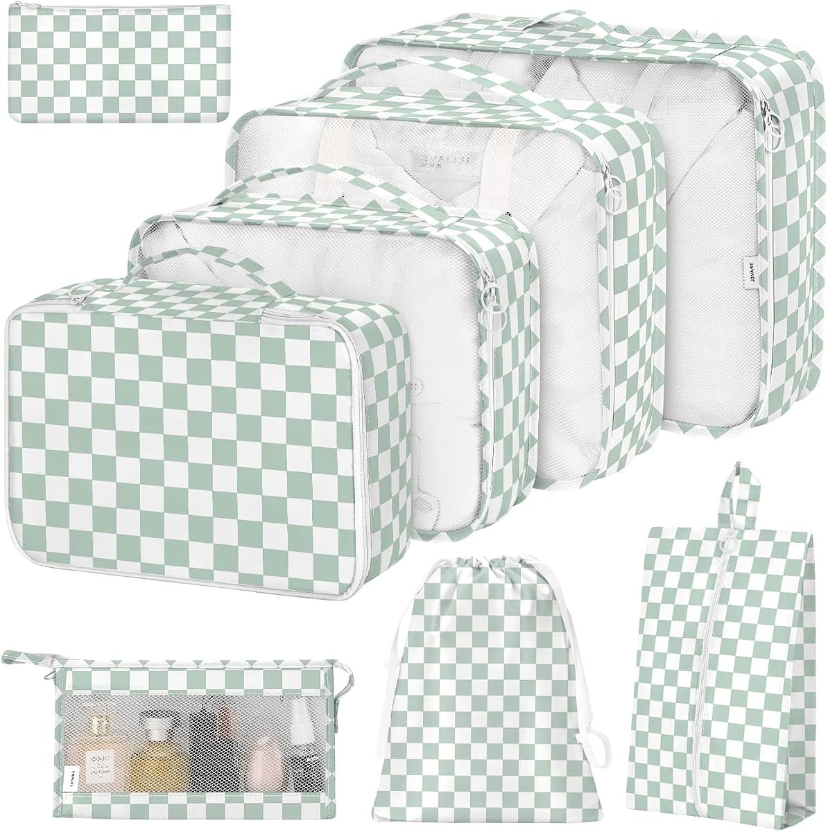 Juego de 8 cubos de embalaje para maletas, organizador de maletas con zapatos, cosméticos, ropa y accesorios, bolsas para organizador de equipaje de viaje, mujeres y hombres (cuadros verdes)