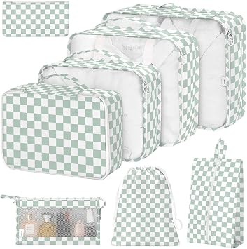 8 Set Packing Cubes for Suitcases,Suitcase Organizer with Shoe,Cosmetics,Clothing, and Accessories Bags for Travel Luggage Organizer Women MenGreen Checkered