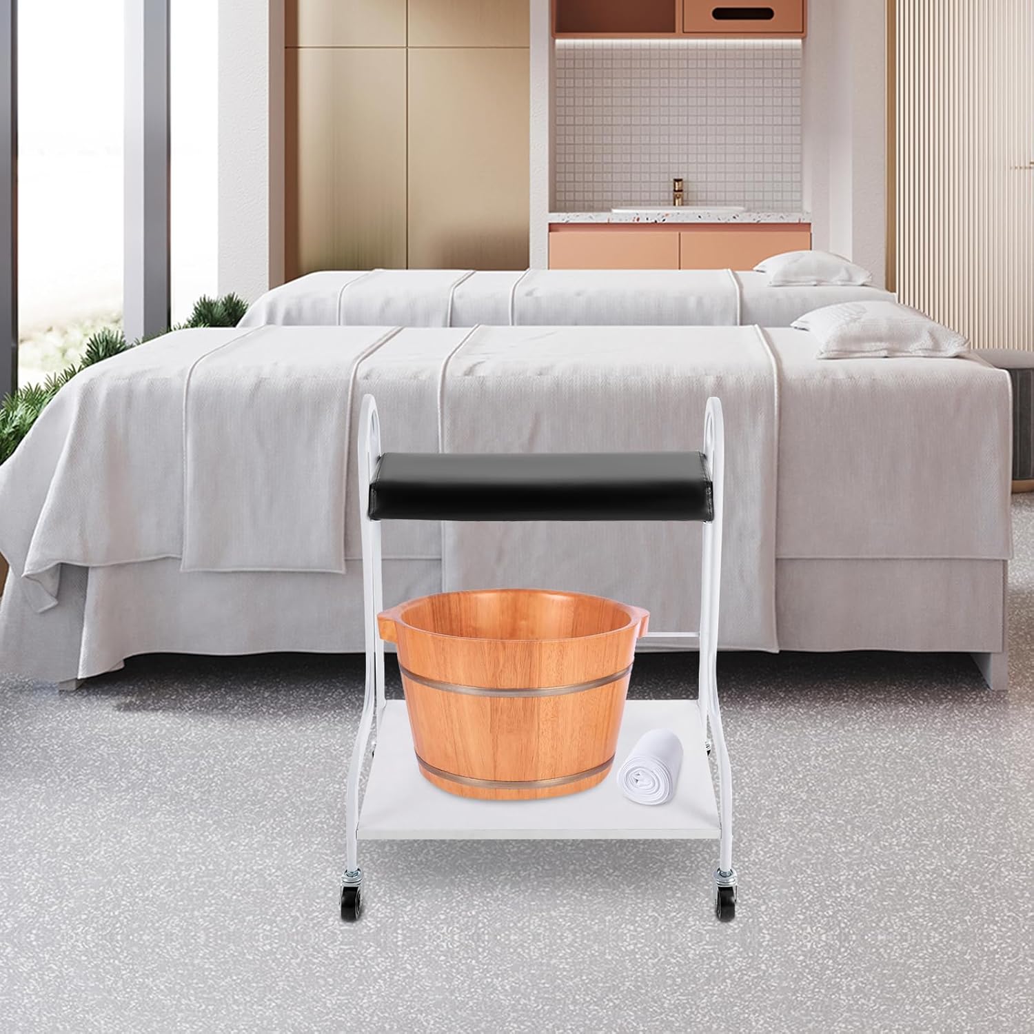 17in Pedicure Foot Stool Cart, Portable Trolley Cart, Multi-Functional Foot Bath Trolley Cart, Foot Bath Spa Portable Trolley Cart, Beauty Salon Nail Trolley Cart with Wheels (Black)