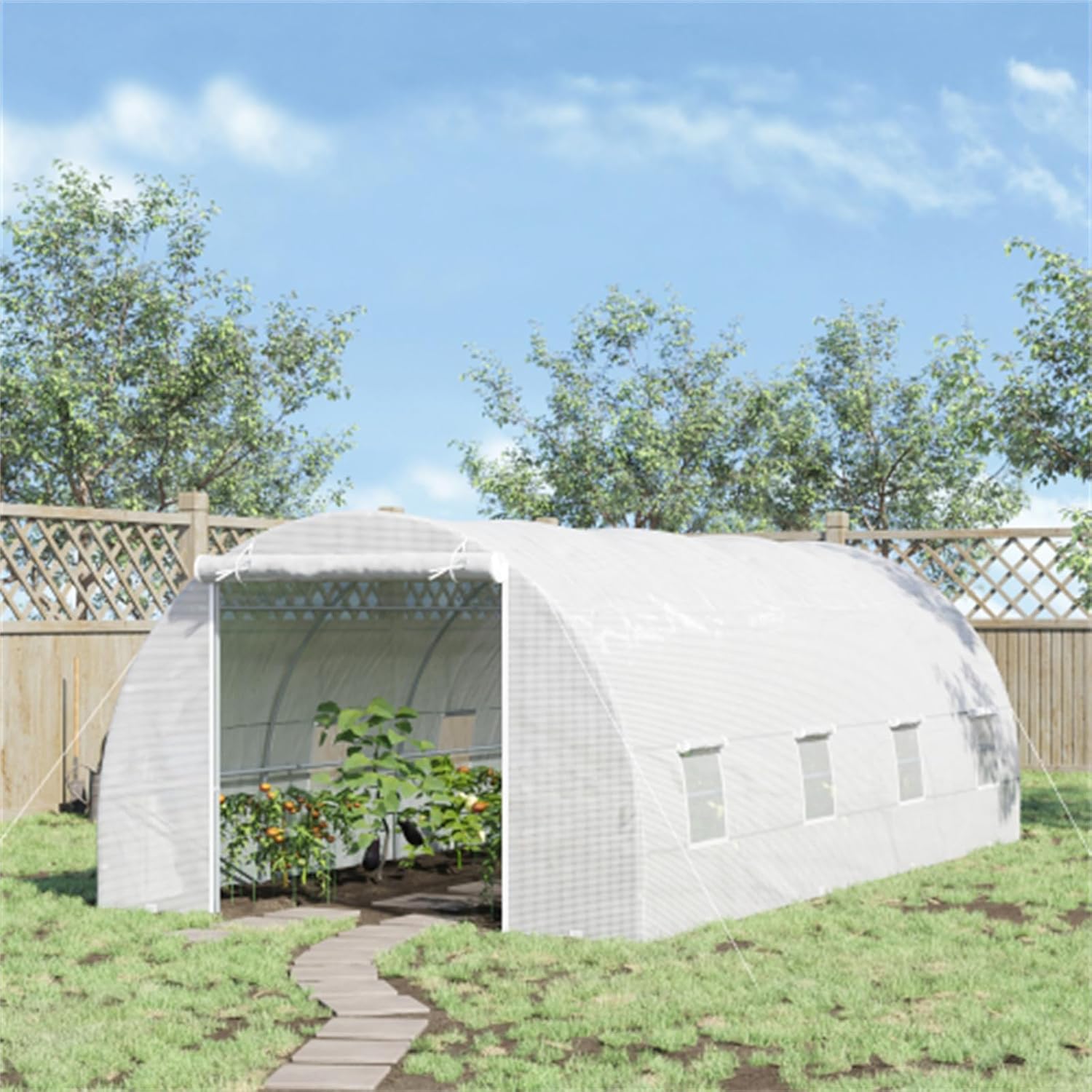 20' x 10' x 7' walk-in tunnel greenhouse, large greenhouse shed, garden greenhouse, large greenhouse kit with 8 roller shutters and roller shutter doors, steel frame, white, suitable for patio, garden