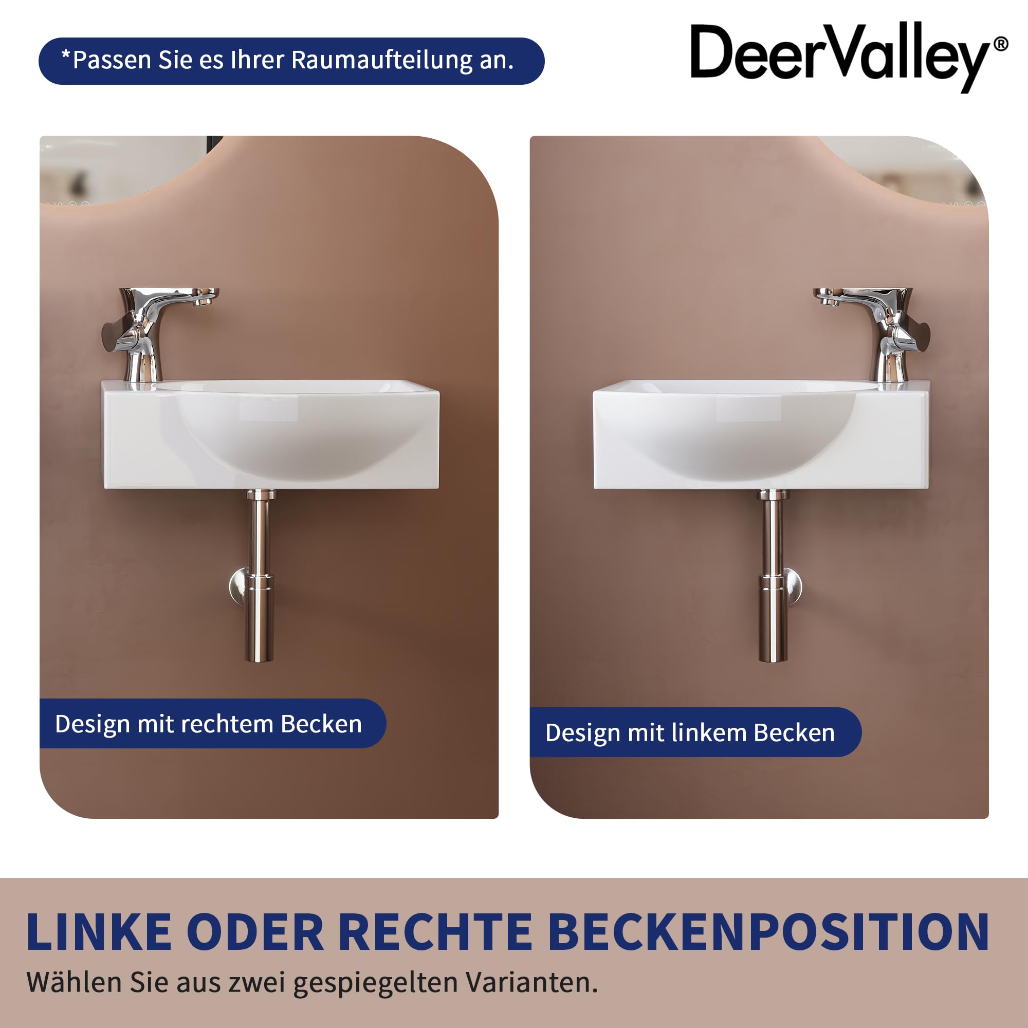 DeerValley Ceramiczna umywalka łazienkowa, montowana na ścianie, z otworem przelewowym i otworem na kran, 40 x 28 x 14,5 cm (biała, lewa)