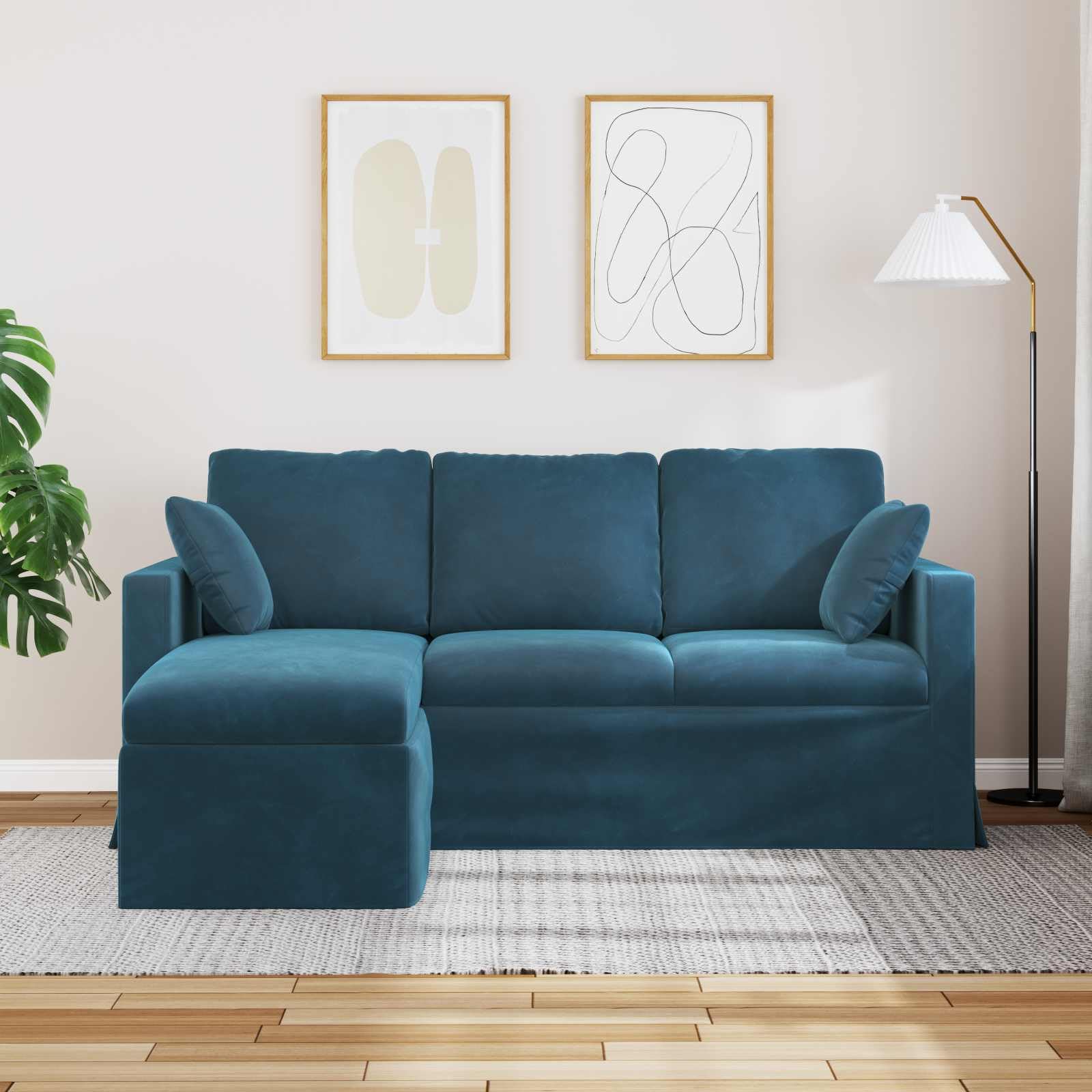Divano blu 178 x 134 x 80 cm in velluto con telaio in metallo e braccioli in legno, piccolo divano ergonomico per soggiorno e lounge mobili esterni, comodo divano per momenti di relax