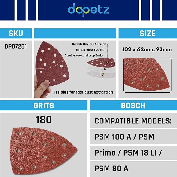 Dapetz 180Grit Hook & Loop Multi-Sander Sheets 102 x 62mm, 93mm 10pk w/ 11 Punched Hole