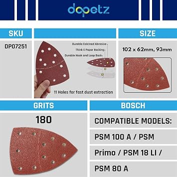 Dapetz 180Grit Hook & Loop Multi-Sander Sheets 102 x 62mm, 93mm 10pk w/ 11 Punched Hole