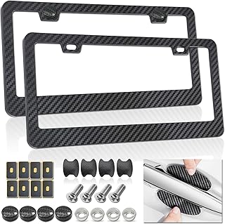 Carbon Fiber License Plate Frames- Black Plastic Car Tag Holder, 2 Pack 2 Hole Front Rear Bracket with Screw Caps and Car Door Handle Stickers