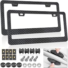 Carbon Fiber License Plate Frames- Black Plastic Car Tag Holder, 2 Pack 2 Hole Front Rear Bracket with Screw Caps and Car Door Handle Stickers
