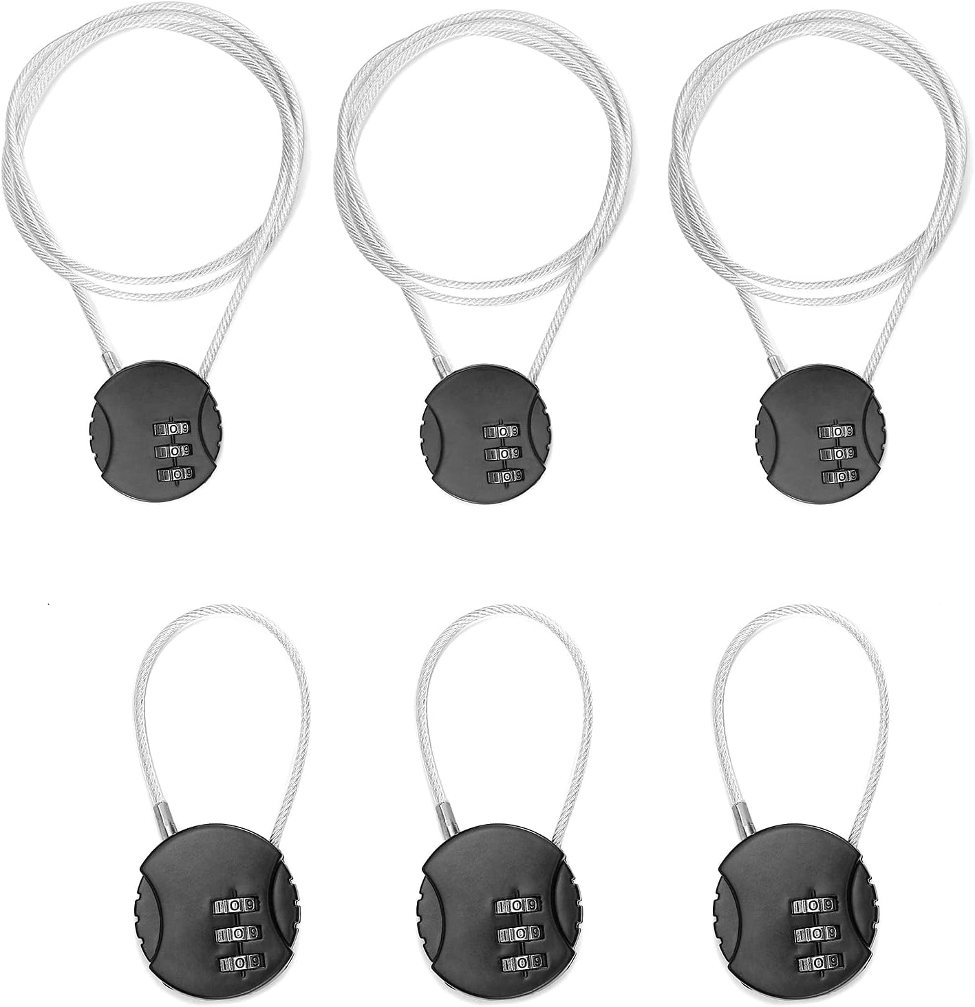 QWORK 6 Pack 3 Digit Combination Lock, Black Steel Wire Cable Locks, Flexible Gate Lock Cable Luggage Locks for Travel Gym Bike Backpack Cabinet Fence Door Sports, 2 Size 29-1/2" and 5-5/16", Black
