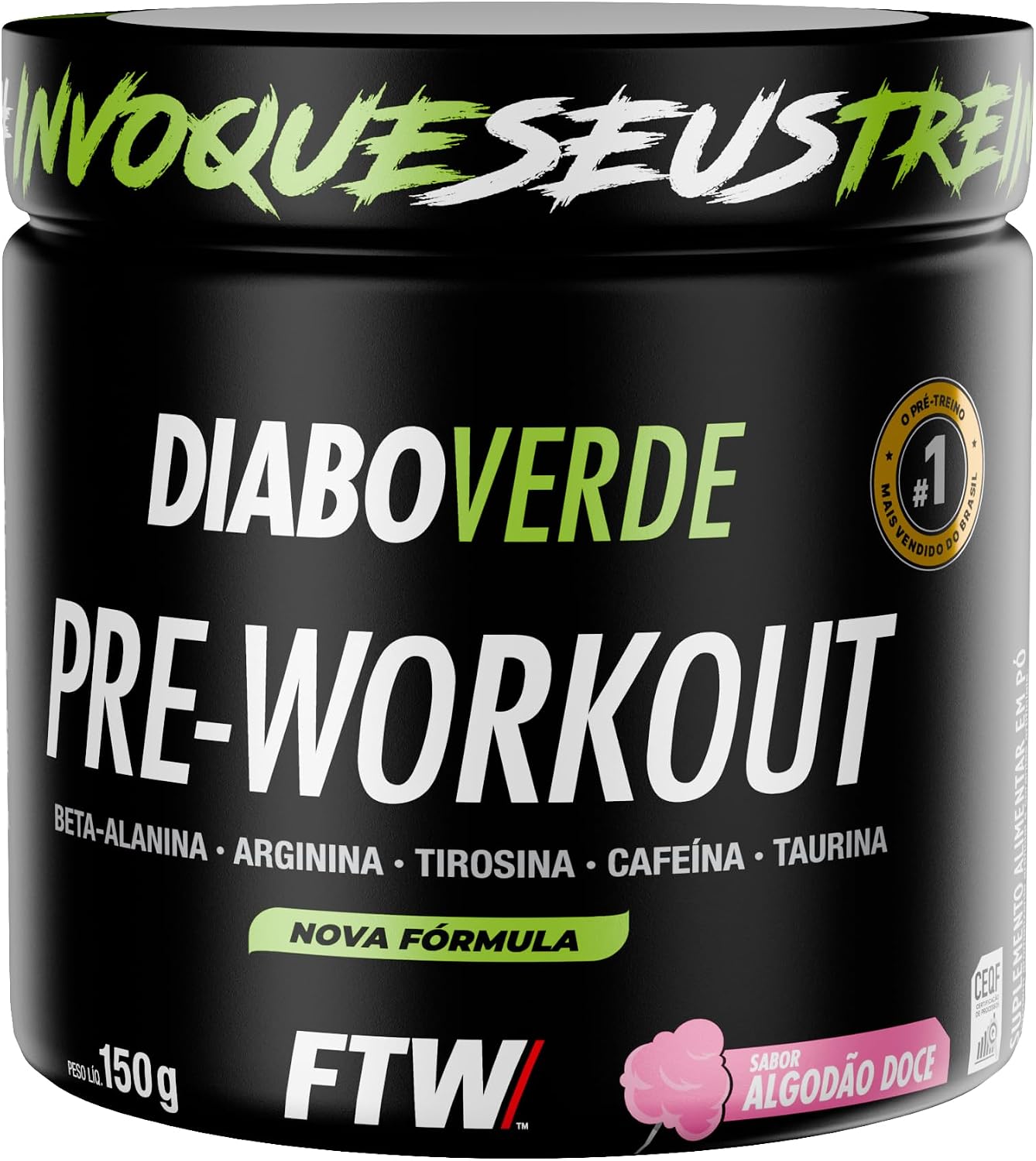 FTW Pré-Treino Diabo Verde em Pó com Cafeína, Aminoácidos Beta‑Alanina e Arginina para Treinos e Atividades Físicas - Pote 150g (Algodão Doce)
