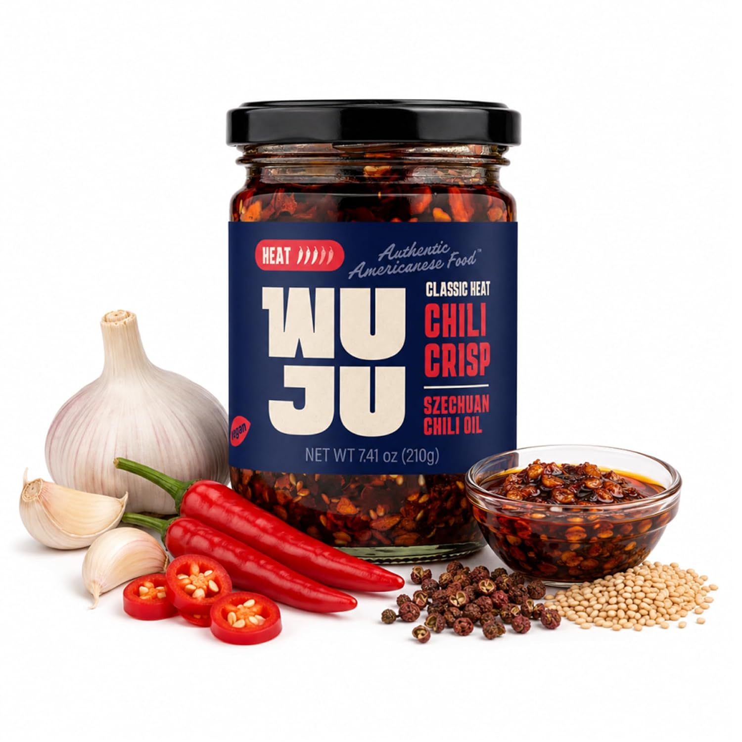 WUJU Chili Crisp Oil - Crunchy Chili, Garlic Flakes, Original Heat, 7.41 oz