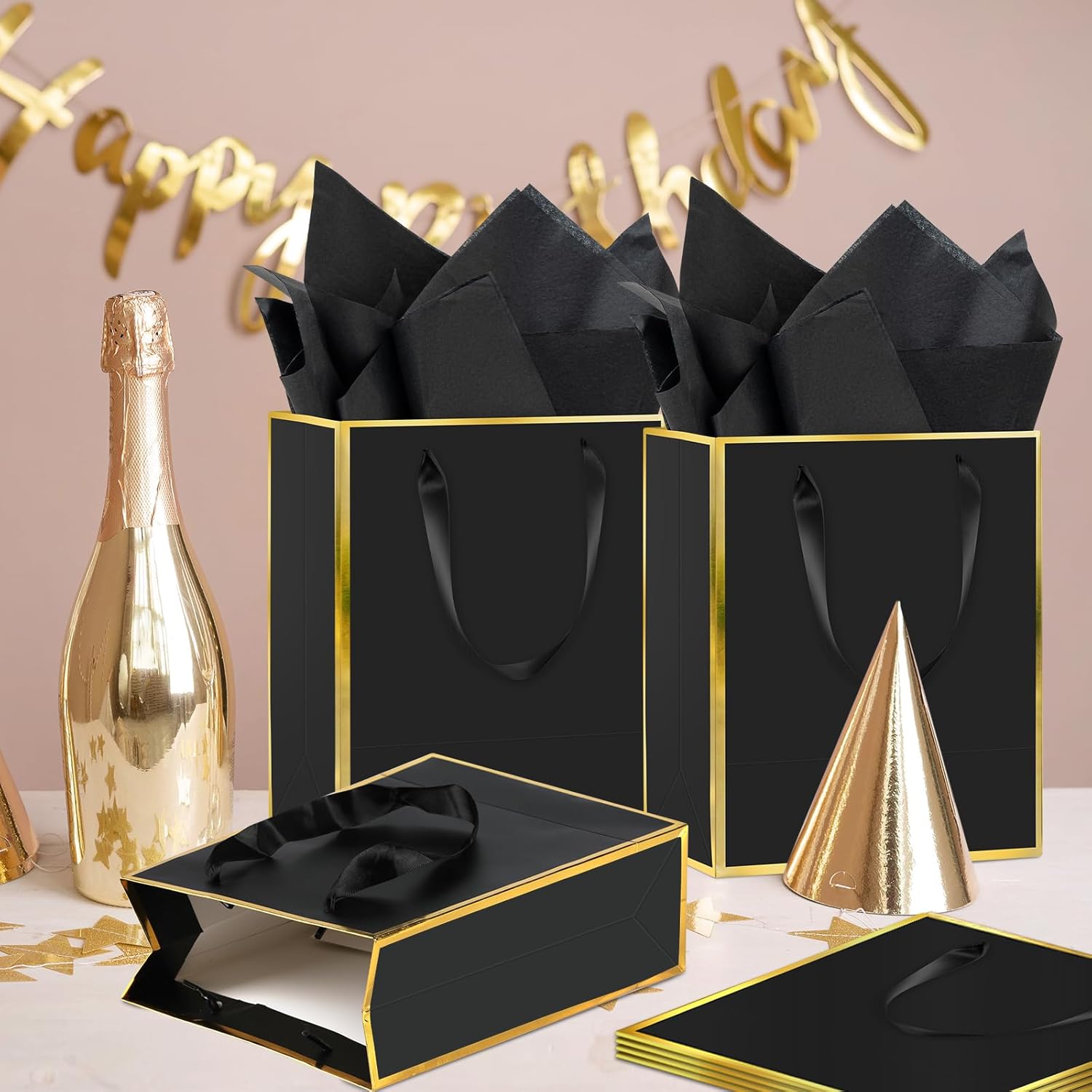 Epoesch Premium Metallic Paper Gift Bags with Handles and Tissue Paper, 8"x5"x10" Inch Dark Blue Gold Edge Welcome Gift Thank You Bags (Black Gold, 1 Count (Pack of 36))