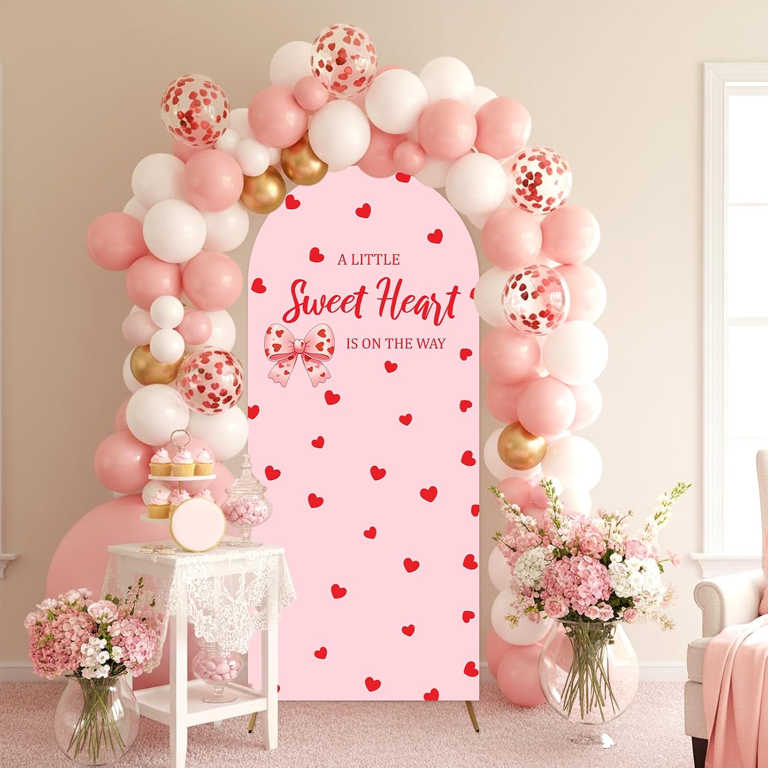 A Little Sweetheart is on the Way Baby Shower Arch Backdrop Cover 6ft Stretchy Spandex Fitted Pink Bow Sweetheart Arch Stand Cover for Valentine Baby Shower Party Decors Supplies Photo Props image 2