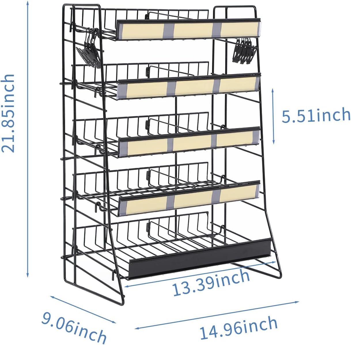5-Tier Candy Display Rack for Concession Stand Display Movie Theater Candy Shelf, Metal Frame Candy Display Rack with Mesh with 8 Chip Clips and labels for Countertop Stores