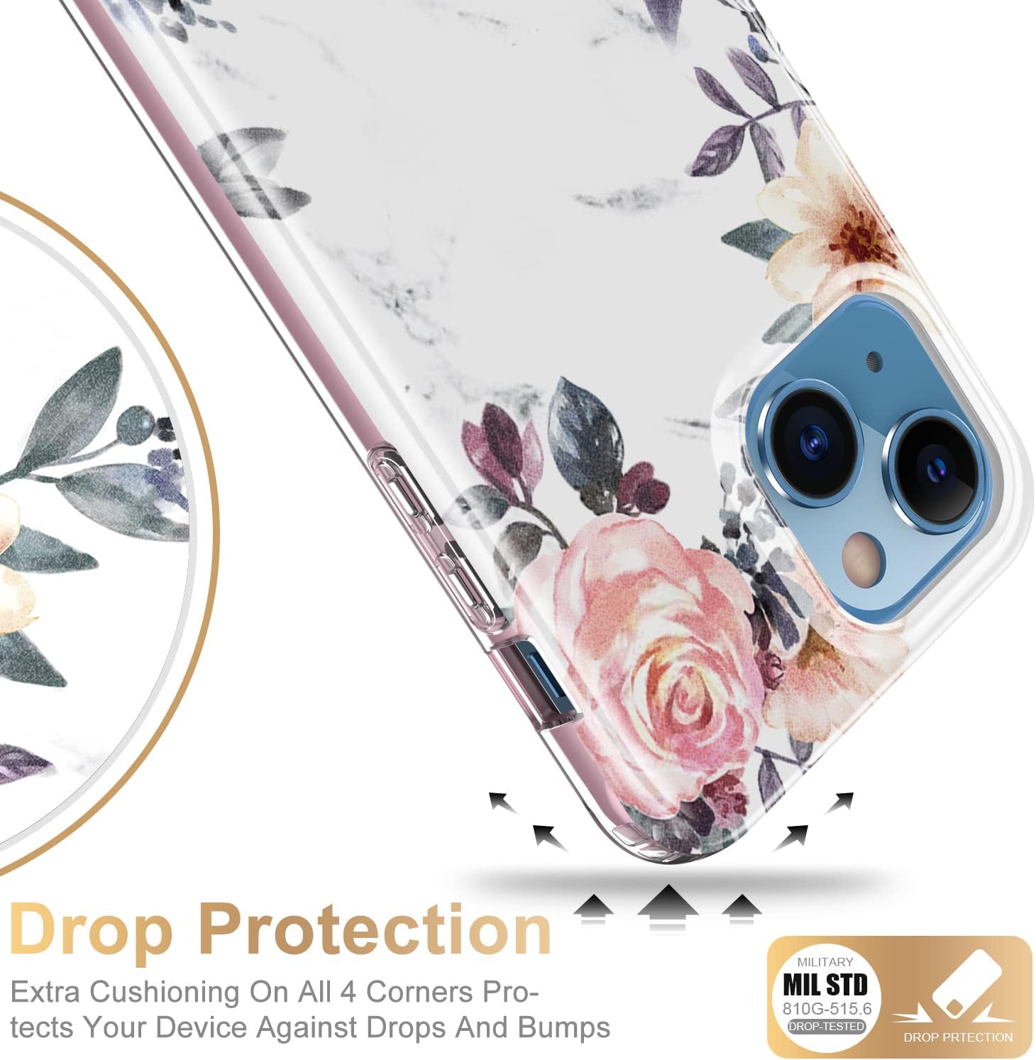 Esdot for iPhone 13 Case with Built-in Screen Protector,Military Grade Rugged Cover with Fashionable Designs for Women Girls,Protective Phone Case 6.1" Pink Flowers Leaves - Image 4