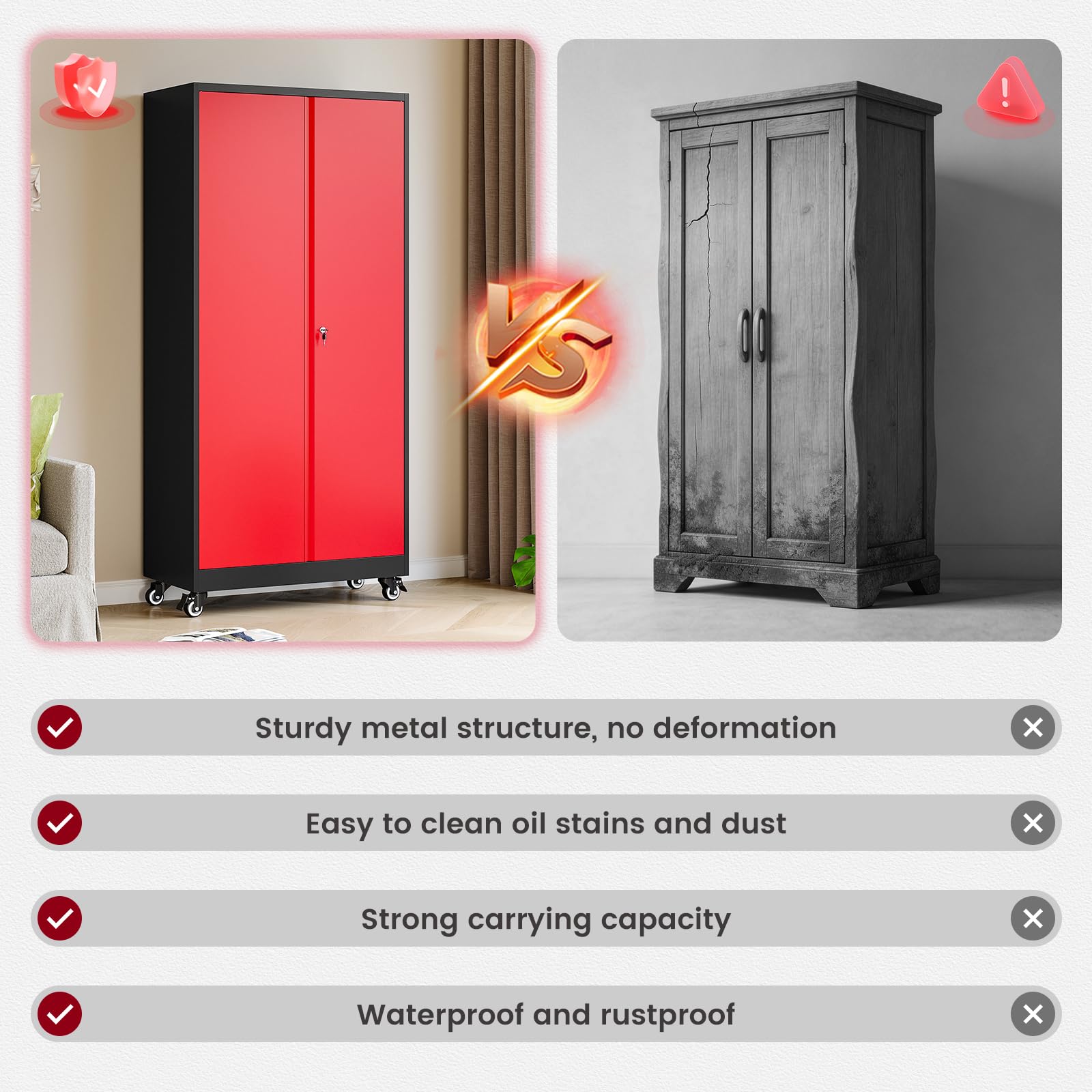 Sightlife Aktenschrank Stahlschrank Werkzeugschrank mit Rollen Werkstattschrank Garagenschrank Metallschrank Mehrzweckschrank abschließbar Büroschrank höhenverstellbaren Einlegeböden Rot