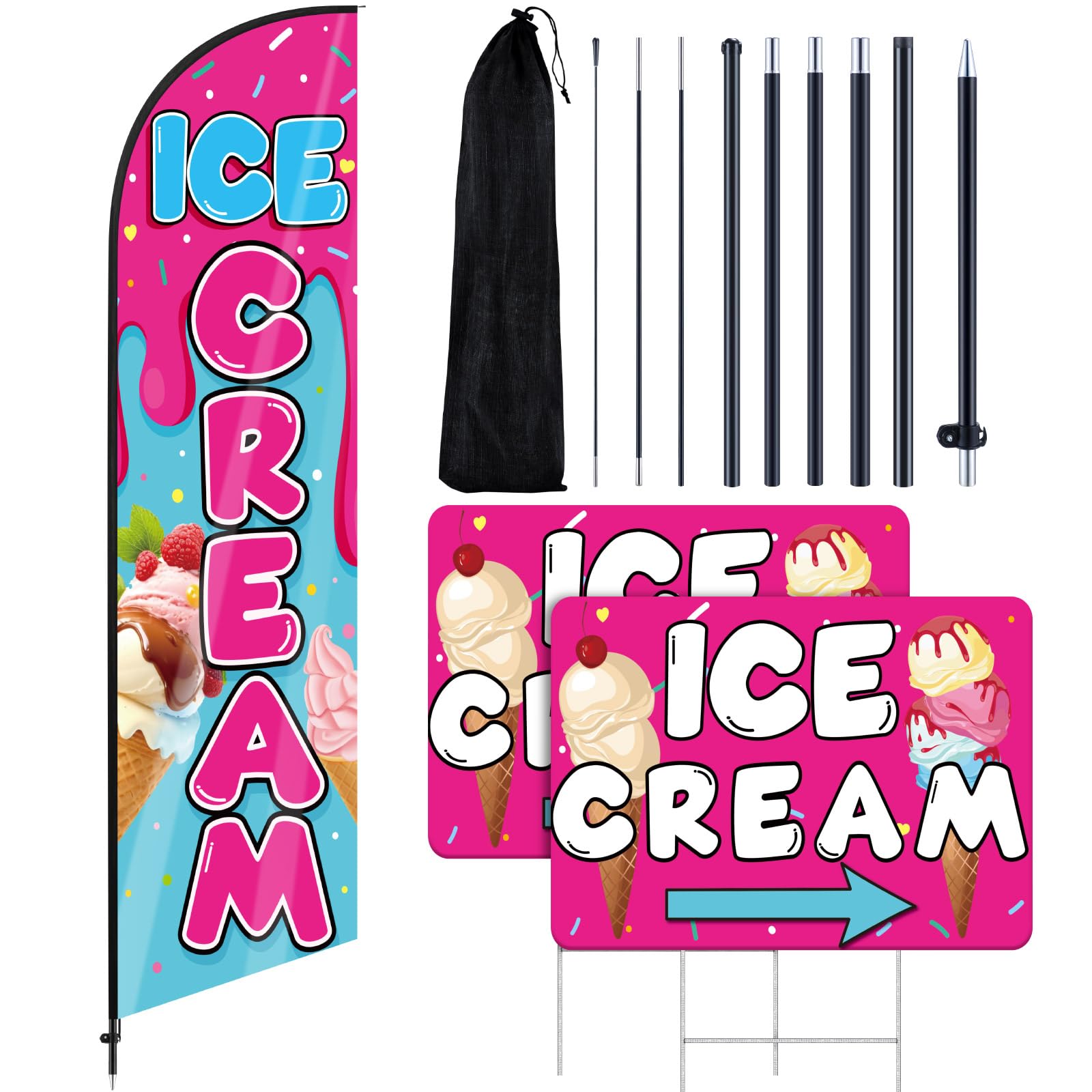 Remagr 3 Pcs Ice Cream or Shaved Ice Signs Include 1 Feather Flag Kit 11 ft Swooper Flag Banner with Pole and Ground Stake 2 Yard Signs with Metal Stakes for Business Advertising Outside(Ice Cream)