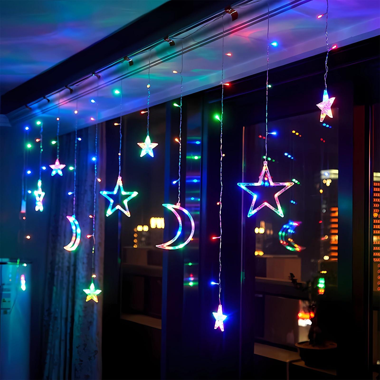 CNMTCCO Luces de Navidad para ventana de interior, 138 luces LED con estrellas y lunas para exteriores, 3,5 m, funciona con USB y pilas, 8 modos (multicolor)