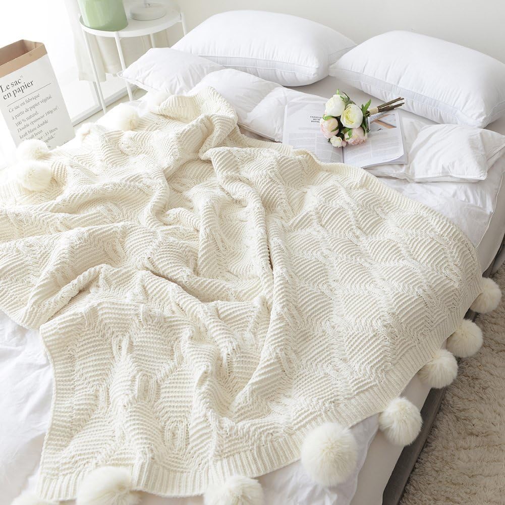 kivie Beige Knitted Throw Blanket for Nap,Cotton Throw with pom poms,130cm x160cm (white pompoms)