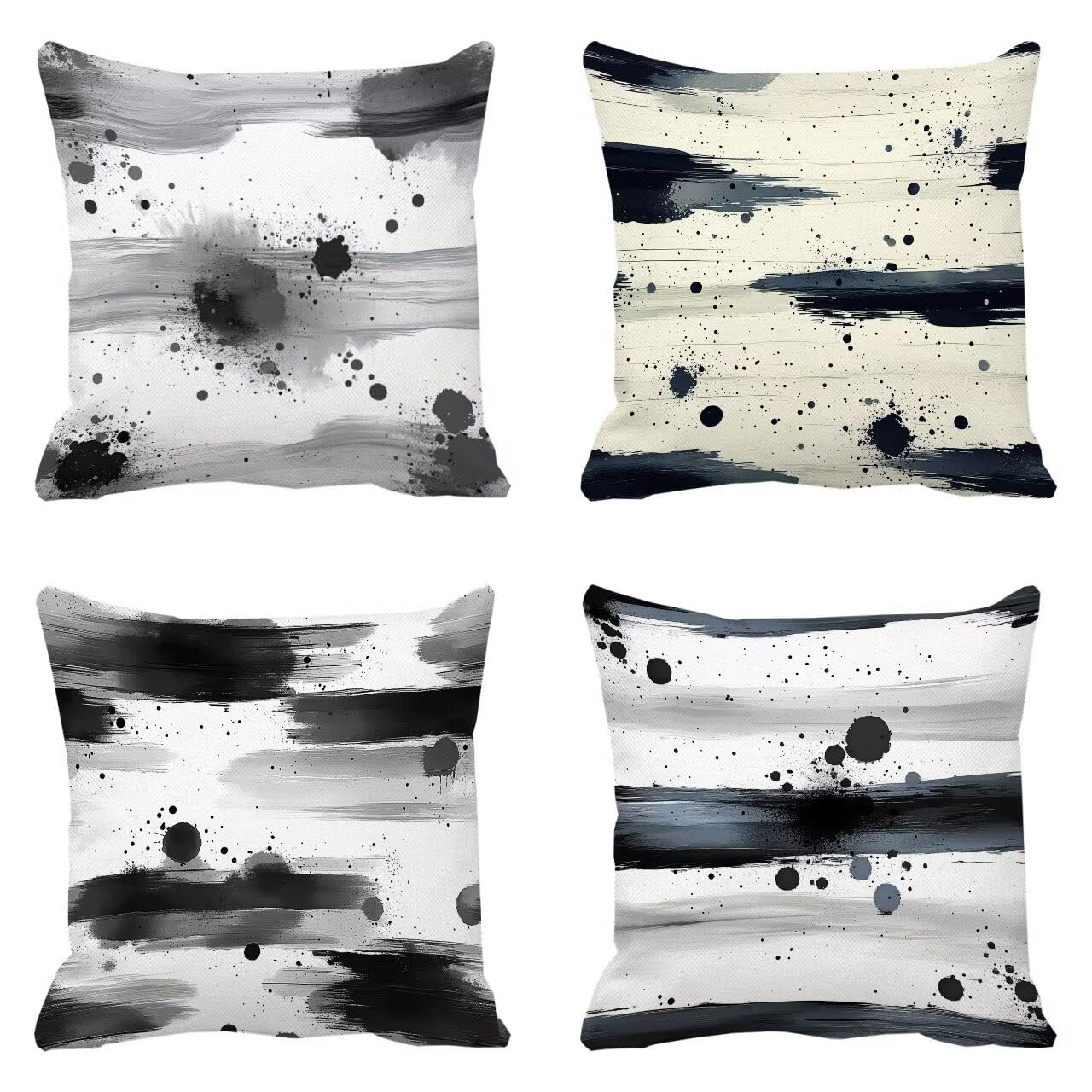 Housse coussin 30x30 cm lot de 4 noir résumé imperméable en lin pour décoration canapé de jardin