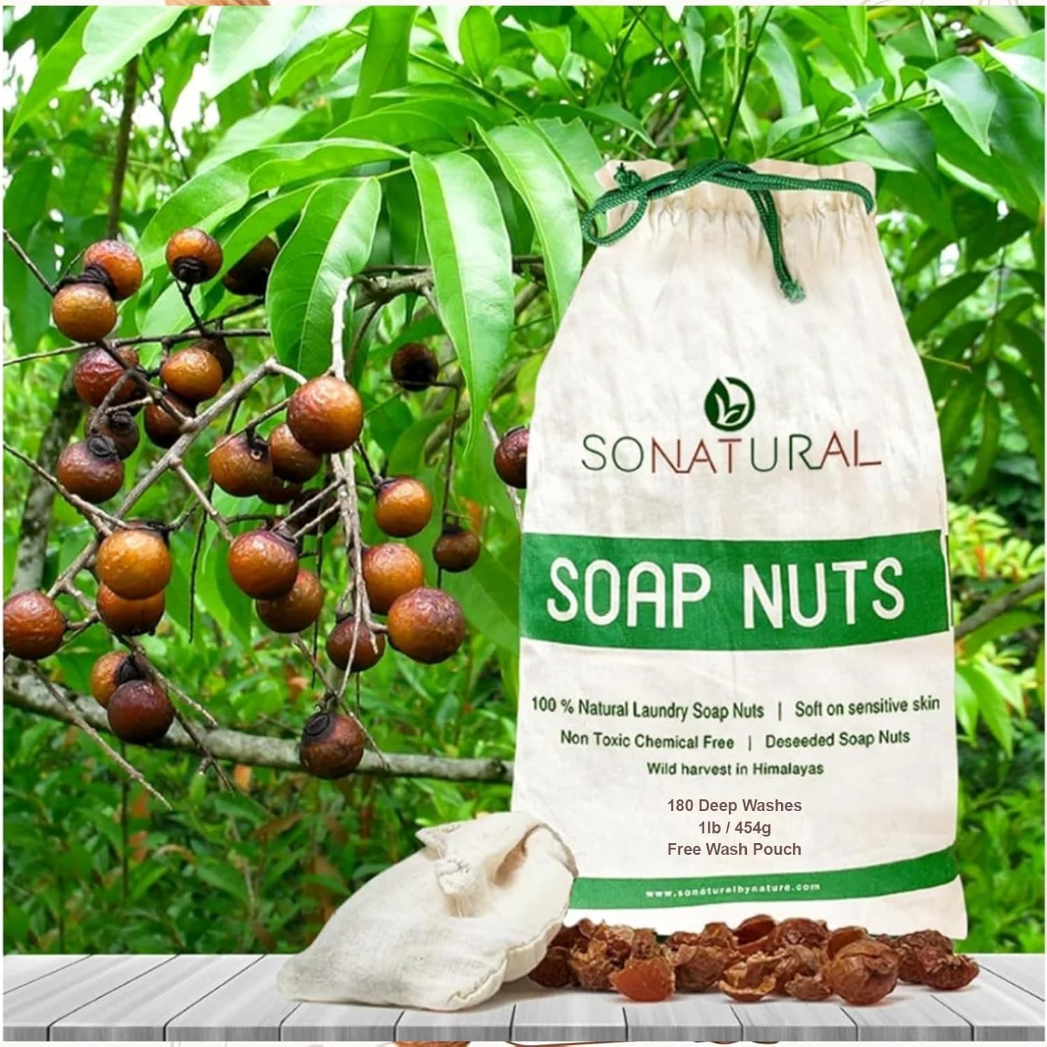 SoNatural Organic Soap Nuts 1lb/180 Loads + Wash Bag Included - Deseeded Soap Berries | Hypoallergenic Laundry Detergent for Sensitive Skin & Baby Clothes| Fragrance & Sulfate-Free Shampoo