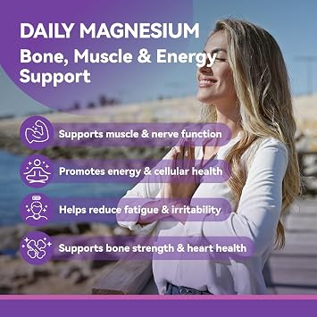 Pure Magnesium 250mg Supplement with Calcium High Absorption Magnesium Tablets for Bone Strength, Muscle Function, Relaxation & Sleep Support 200 Day Supply, Vegan, Non-GMO