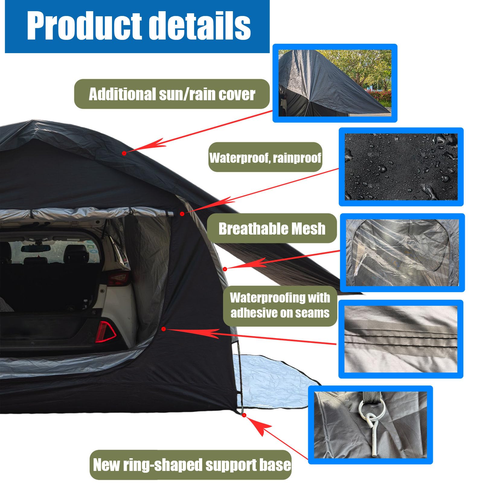 Auto Zelt Heckzelt Auto,300cm*150cm*210cm autozelt für 2-3 Personen Mit 1 Wasserdichter Plane autozelt heckzelt, Heckzelt für SUV/Pkw Campingplätze im Freien