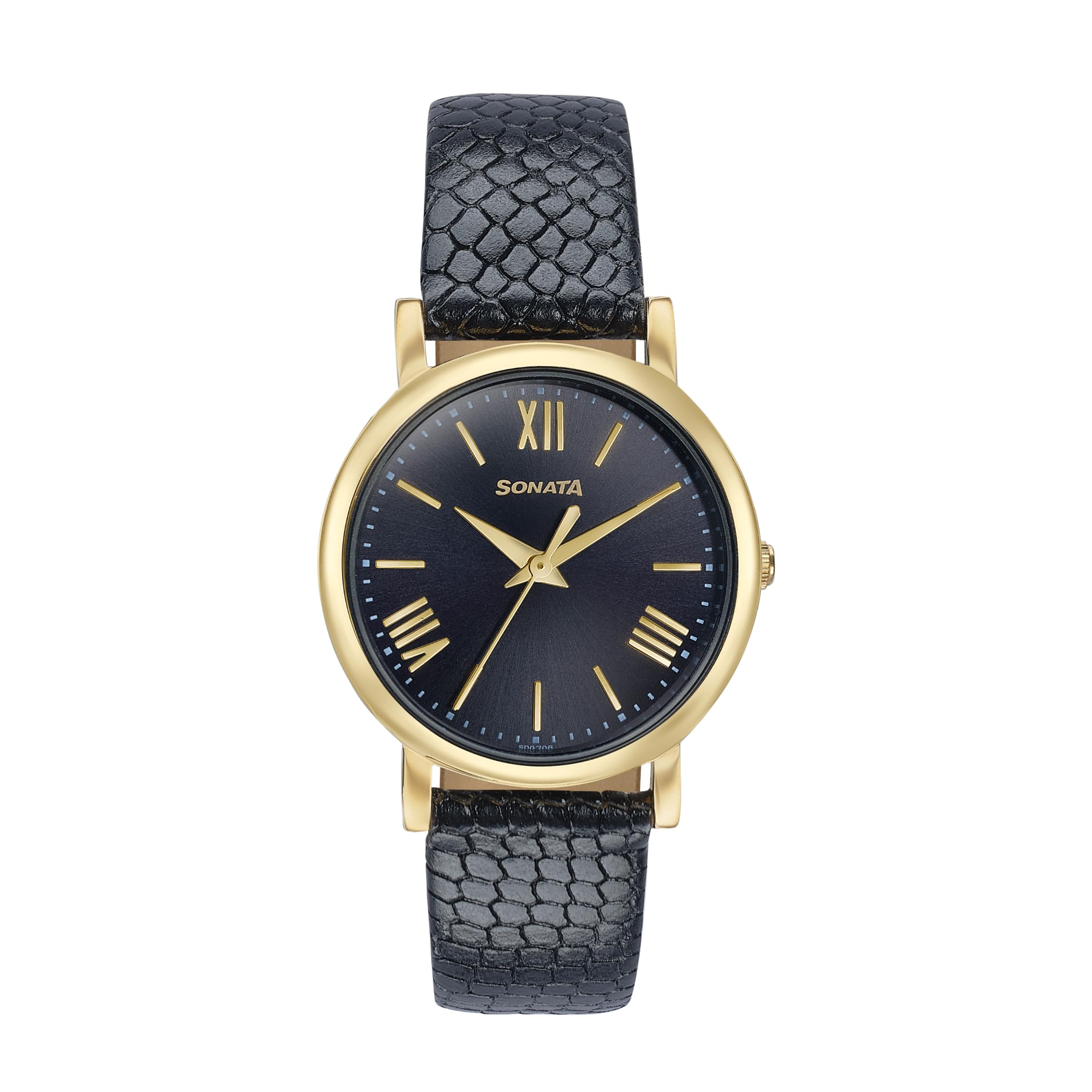 Sonata Glam Gold Quartz Analog Black Dial Leather Strap Watch for Women