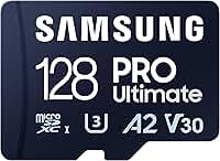 Samsung PRO Ultimate cartão de memória microSD + adaptador, 128 GB microSDXC, até 200 MB/s, 4K UHD, UHS-I, classe 10, U3, V30, A2 para câmera de ação GoPRO, drone DJI, jogos, telefones, tablets