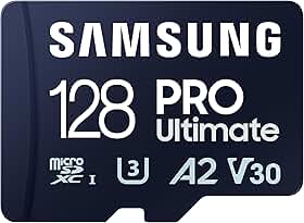 Samsung PRO Ultimate cartão de memória microSD + adaptador, 128 GB microSDXC, até 200 MB/s, 4K UHD, UHS-I, classe 10, U3, V30, A2 para câmera de ação GoPRO, drone DJI, jogos, telefones, tablets
