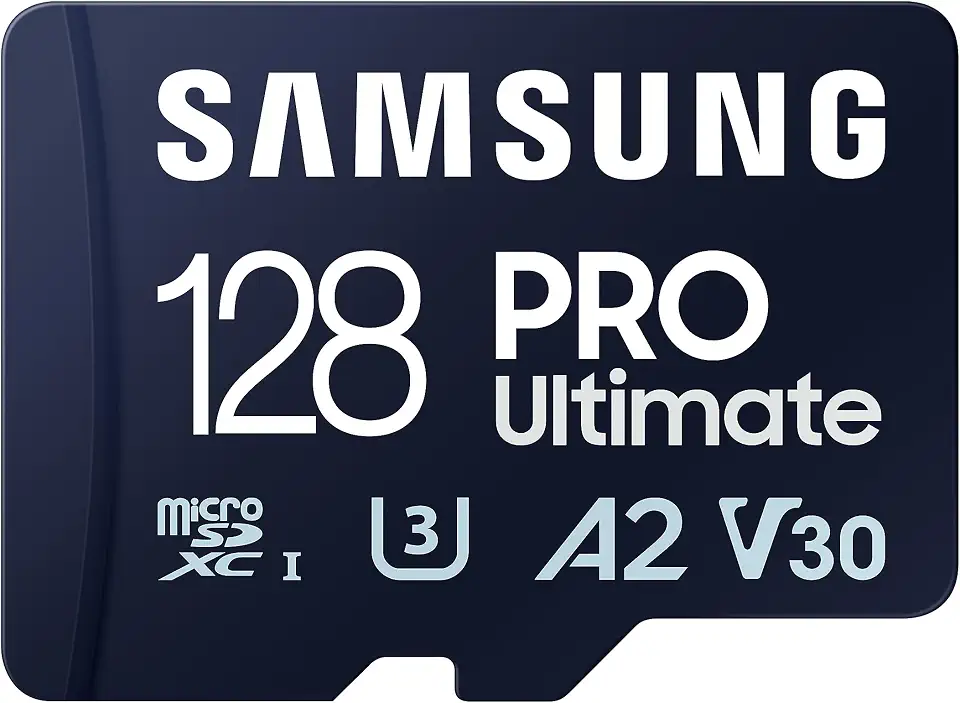 Samsung PRO Ultimate cartão de memória microSD + adaptador, 128 GB microSDXC, até 200 MB/s, 4K UHD, UHS-I, classe 10, U3, V30, A2 para câmera de ação GoPRO, drone DJI, jogos, telefones, tablets