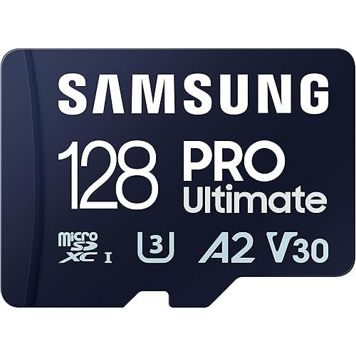 Samsung PRO Ultimate microSD Memory Card + Adapter, 128GB microSDXC, Up to 200 MB/s, 4K UHD, UHS-I, Class 10, U3,V30, A2 for GoPRO Action Cam, DJI Drone, Gaming, Phones, Tablets, MB-MY128SA/AM