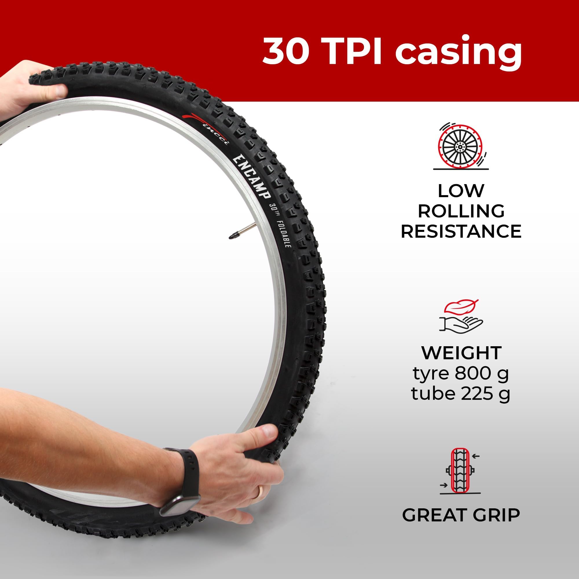 Fincci Encamp Velo Pneus VTT 26 x 2.25 Pouces avec 57-559 Chambre à Air avec 48mm Schrader - Pair Pliable Tire 26" pour Montagne & Hybrid & Electrique Vélo, VTT Tout Terrain, vélo de Ville Pack 2