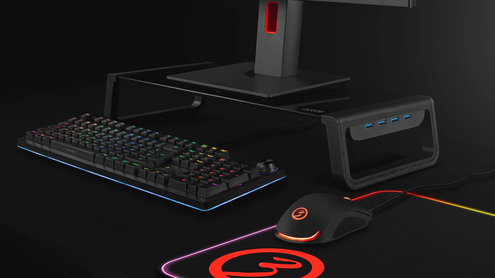 OZONE GAMING GEAR Monitor Stand Riser Pro -OZRISERPRO- Supporto portatile per PC - Vetro temperato, 4xUSB 3.0, nero