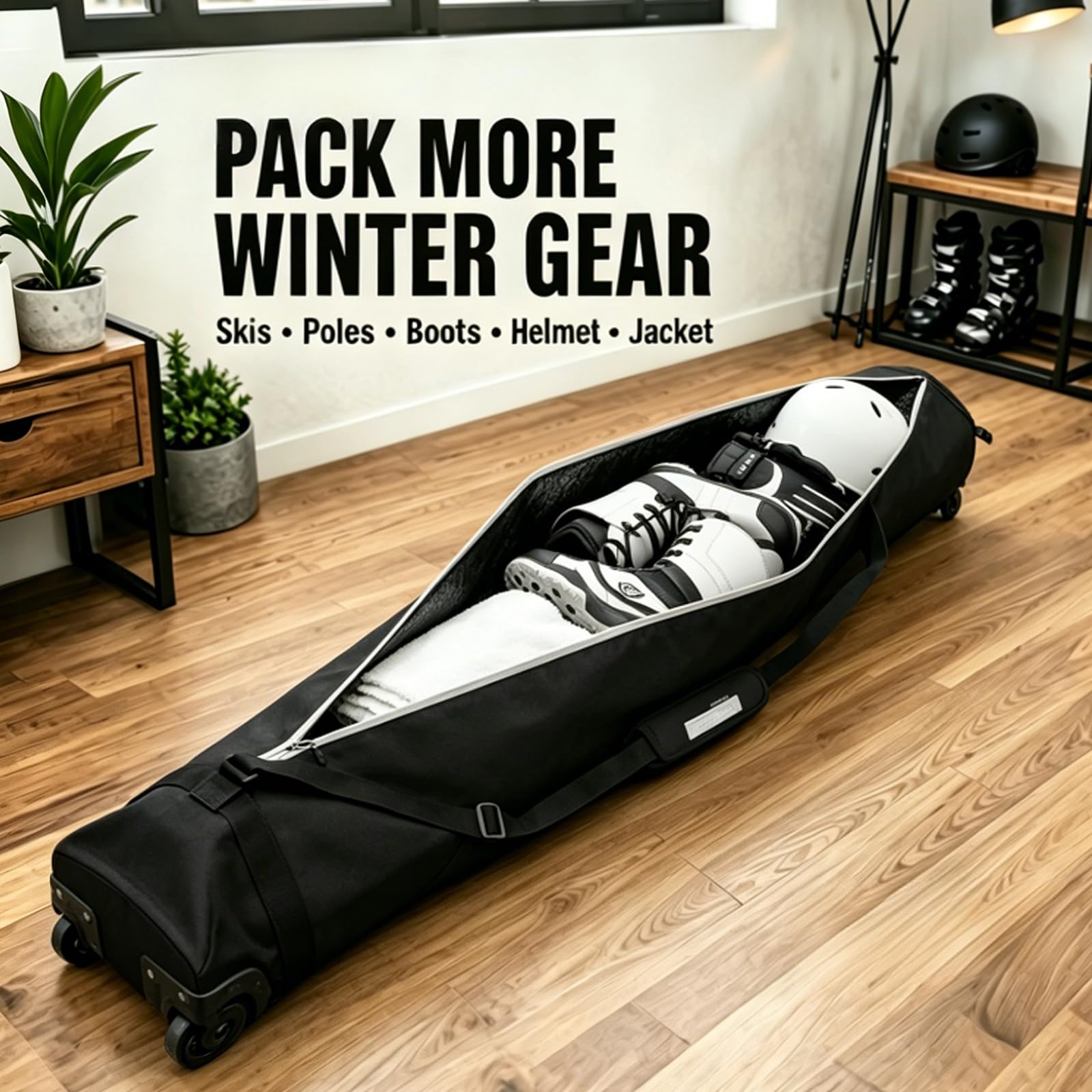 Sac de ski rembourré à roulettes pour voyage en avion, le sac de ski rembourré peut accueillir des skis jusqu'à 200 cm.