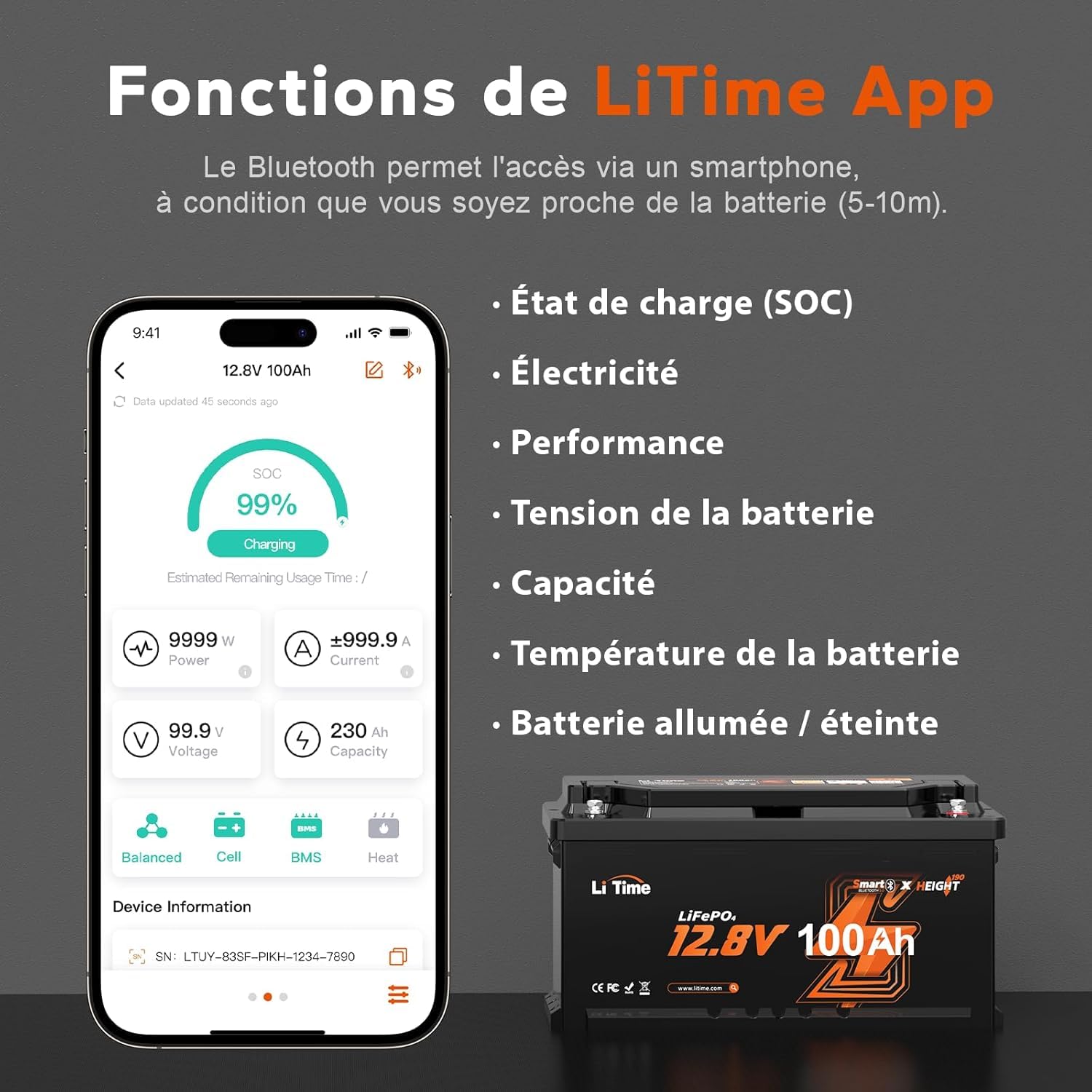 LiTime Batterie Lithium LiFePO4 12V 100Ah H190 avec Bluetooth pour Sièges de Camping-Cars: DIN H8 L5, 4000-15000 Cycles Profonds, Énergie 1280Wh, sans Entretien pour Caravane, RVs, Système Solaire
