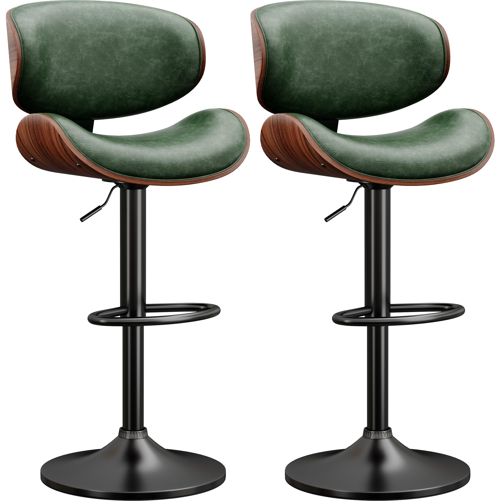 YaFiti Bar Stools Modern PU Leather Adjustable Swivel Barstools, Kitchen Counter Bar Stool Island Barstool with Back Set of 2, Green